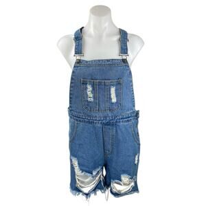 The Rockn Rev Womens Blue Denim Distressed Overall Jeans Jumpsuit Romper Size 4